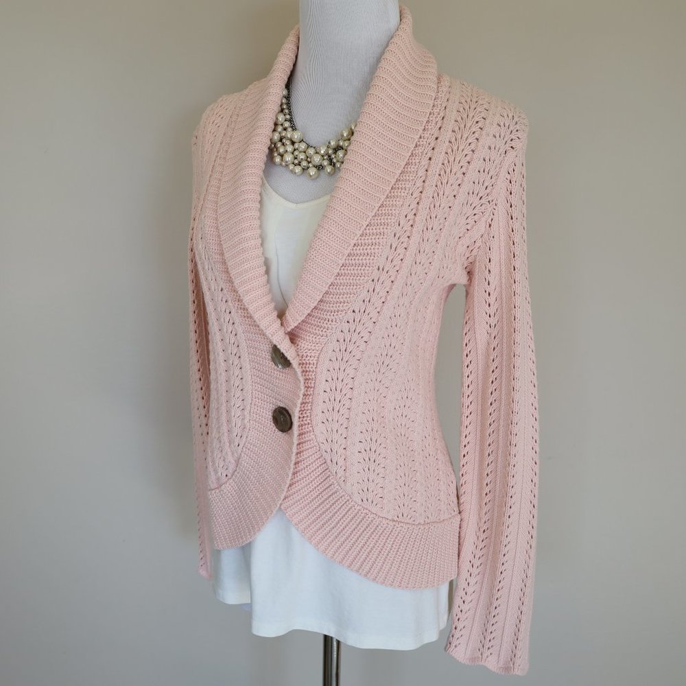 Shawl Collar Openwork Knit Cardigan - Light Pink